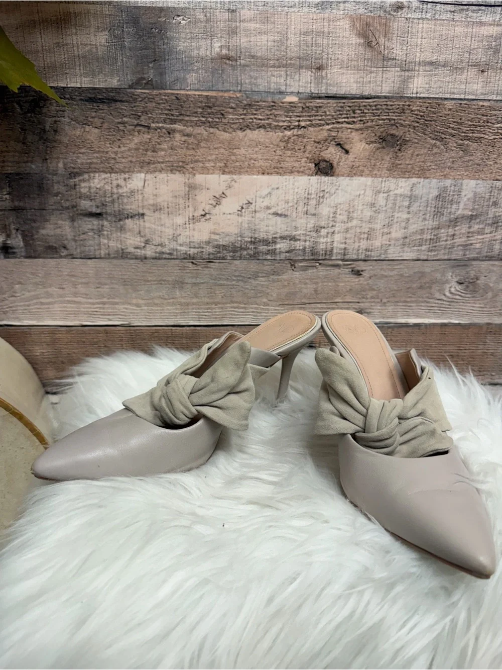 Knot-Front Pointed Toe Mule in Light Taupe